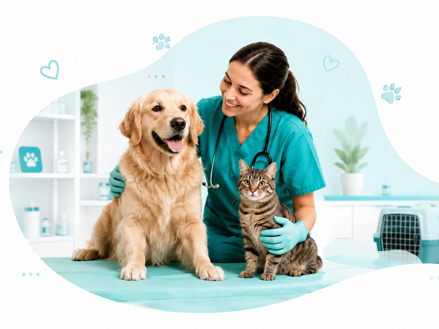 Veterinaria atendiendo a un perro y un gato